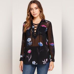 I Love Ronson Sheer Long Sleeve  Floral Blouse Size X-Small NWT